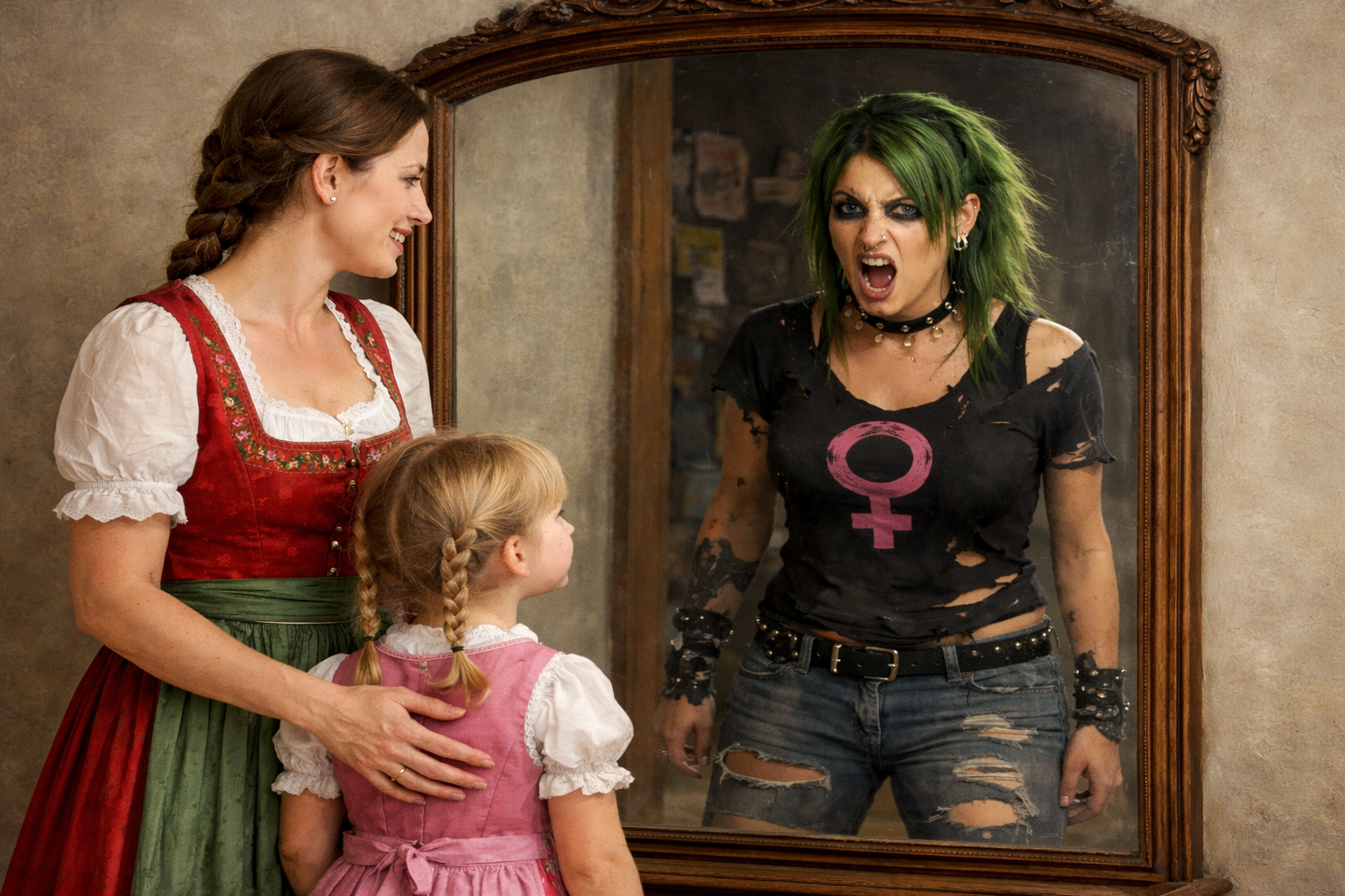 Tradition trifft Rebellion im Spiegel.